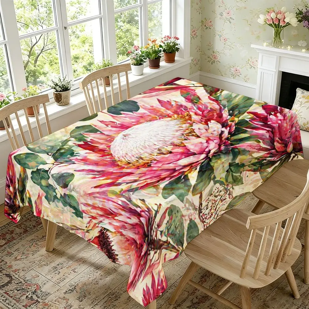 Vibrant Watercolor Protea Floral Tablecloth - Pink And Cream Botanical Print, Rectangular, Polyester, Elegant Farmhouse Style, Suitable for Kitchen, Dining Room, Wedding, Spring And Summer Party, Indoor And Outdoor Use, Home Decor Essential