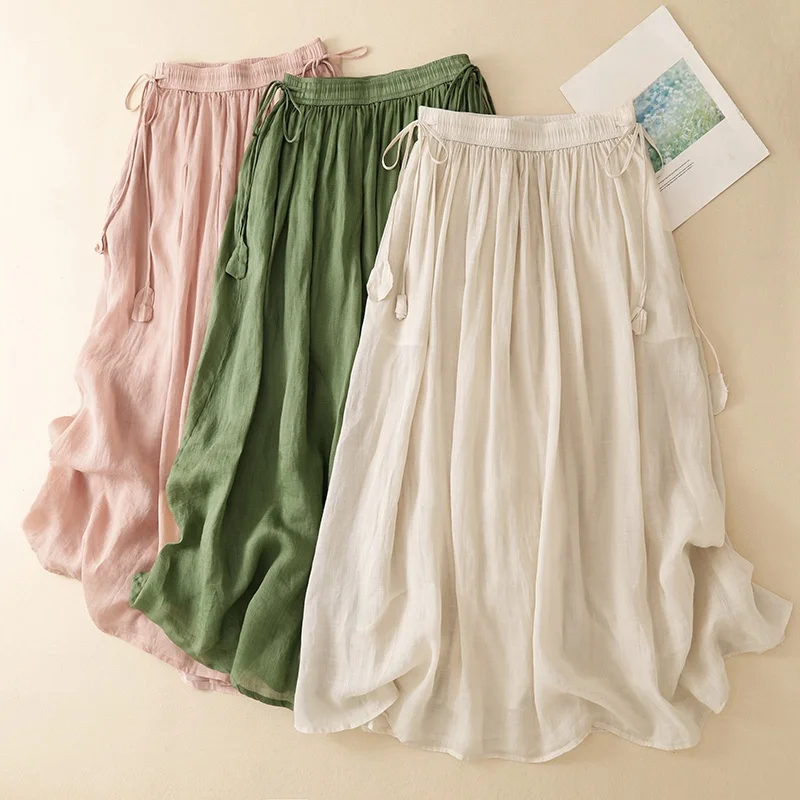 Midi A-Line Skirt Women's Artistic  Color Double Layer Drawstring Waist Swing Skirt Good Quality Cotton Blend Fabric