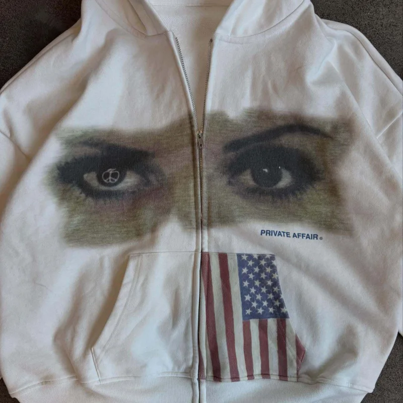Oversized White Graphic Zip-Up Hoodie Women's 2025 Y2K Streetwear Jacket with Eye, Panther & USA Flag Print Fashion Outerwear