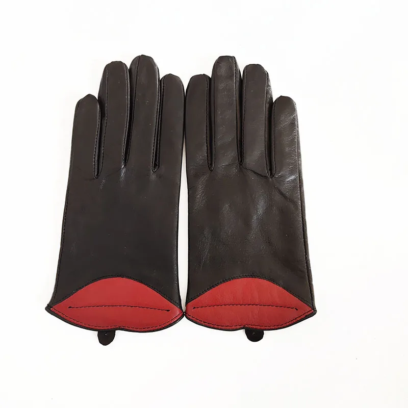 Women's genuine leather red lip black Gloves Female Natural Leather Touch Screen Motorcycle Driving Glove Sheepskin