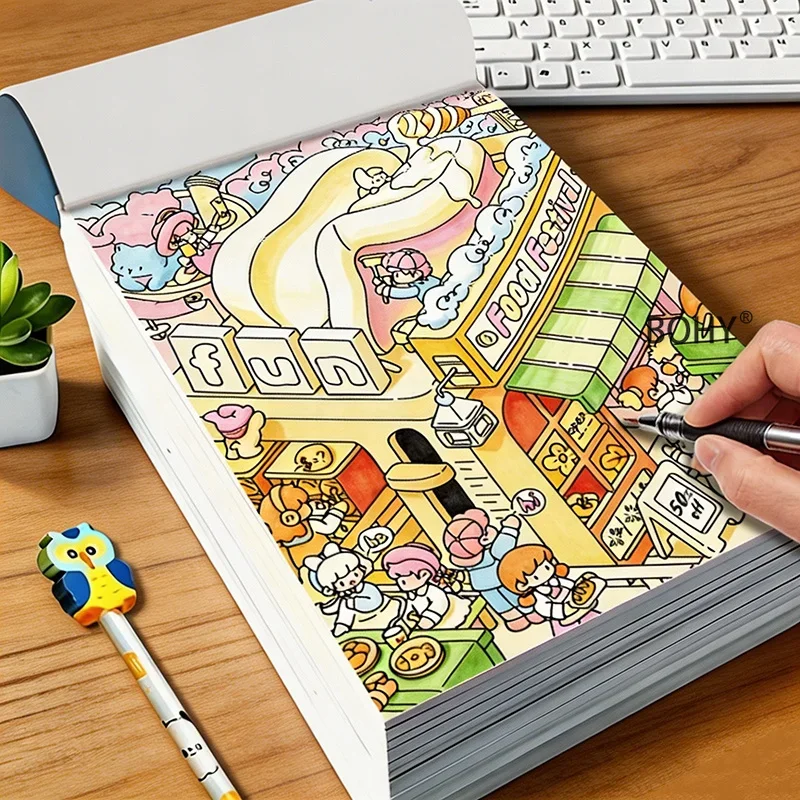 Drawing Lines and Coloring, 1 Adult Immersive Large Scene Decompression Coloring Album, Pass Leisure Time, Creative Art Gifts