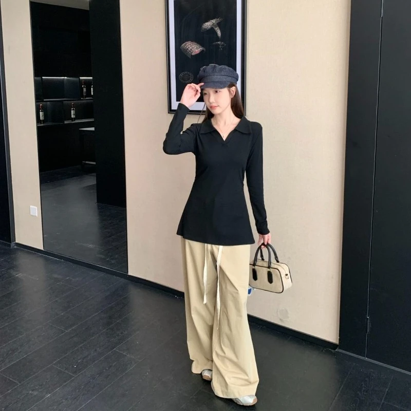 Frauen Herbst Langarm Top Stilvolle Kragen Plissee T Schulter Fit Abnehmen Bauch Abdeckung Design Lässige Mode Bluse ​