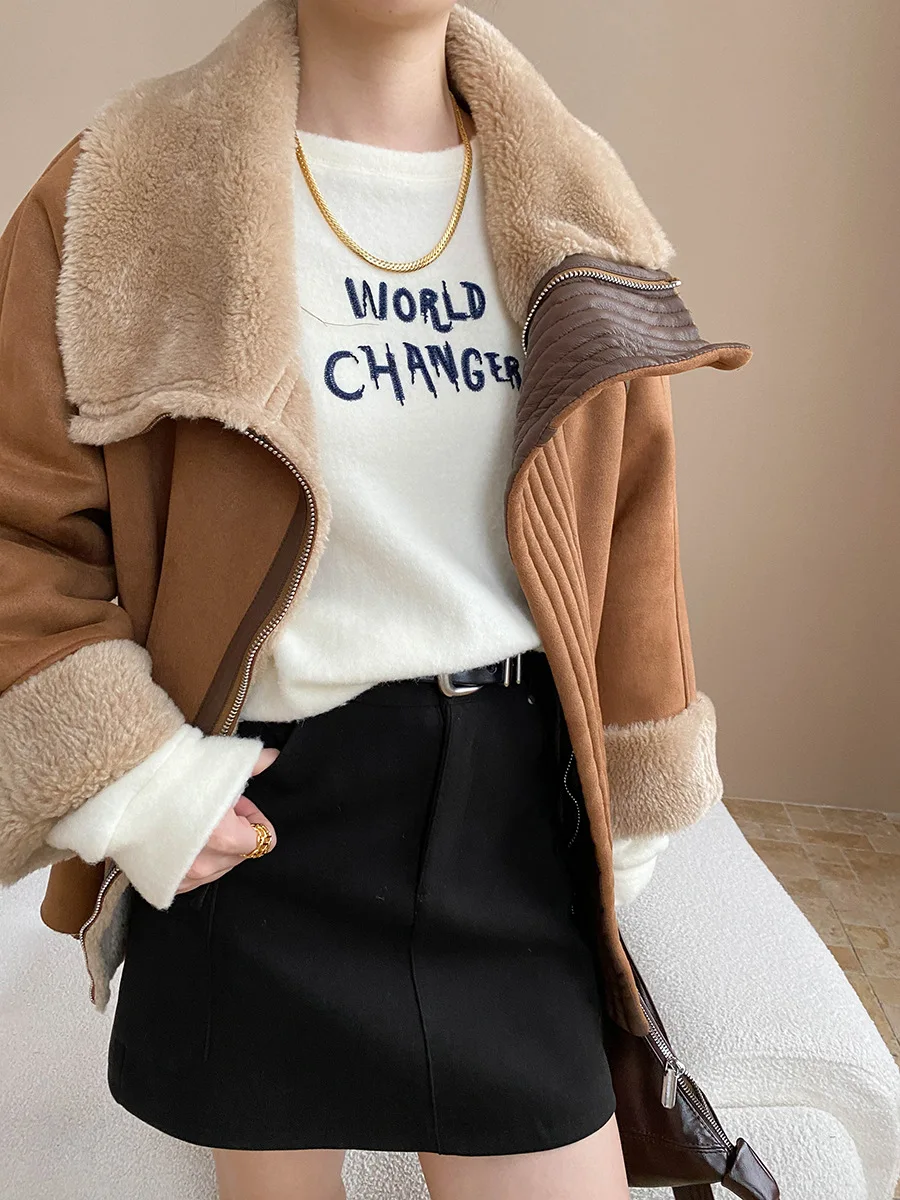 Veste ample et chaude pour femmes, couleur unie, style moto rétro, fausse fourrure, une pièce, revers