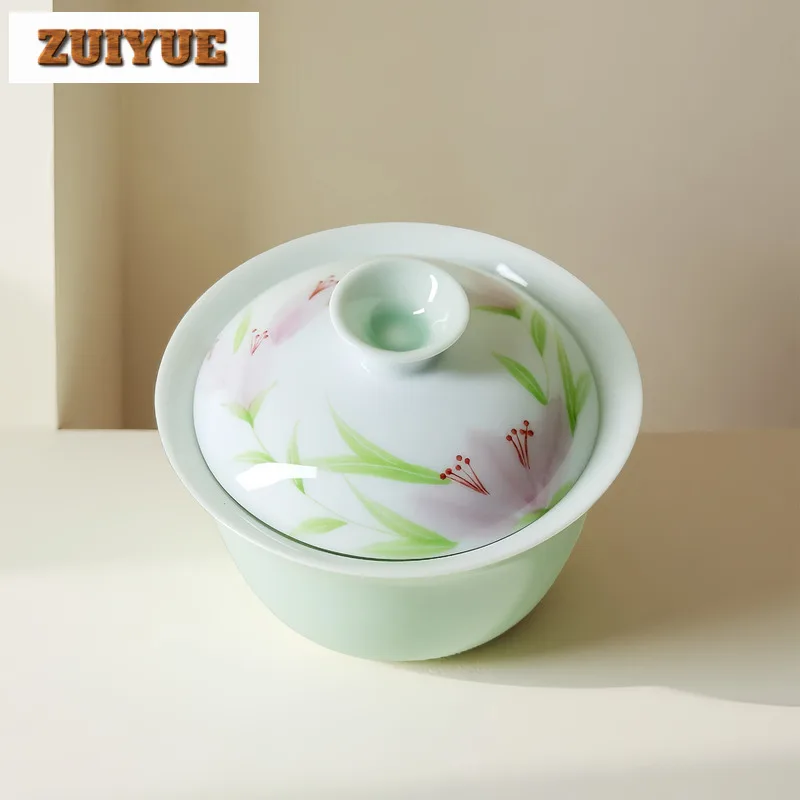 130 مللي الأخضر رسمت باليد الزنبق البري Gaiwan خمر الشاي تورين براد شاي مع غطاء عدة صنع الشاي غطاء وعاء درينكوير الديكور #4