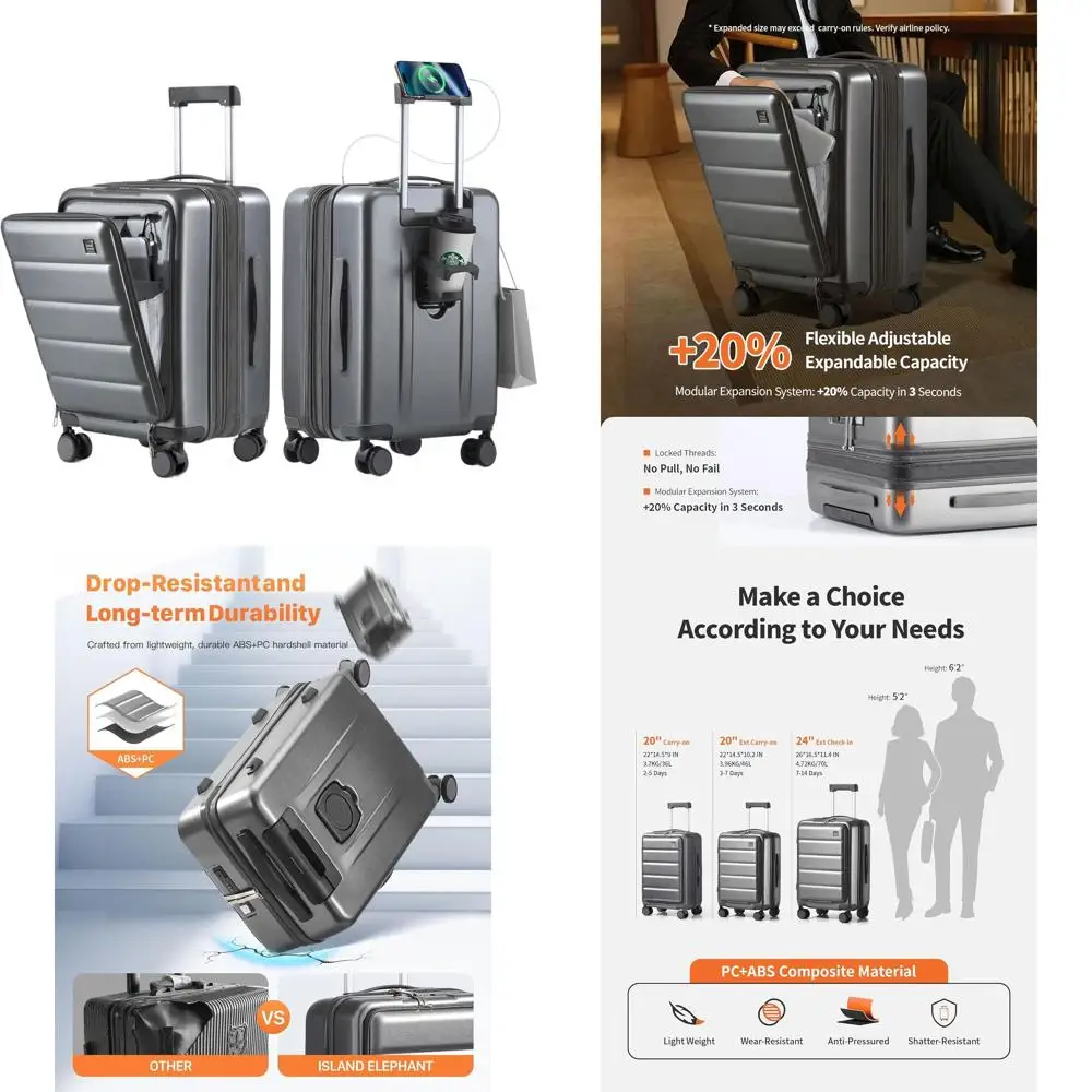 

24 Grey Hardside Suitcase with Expandable Front Pocket, TSA Lock, 360° Spinners, USB Port, Cup Holder, and Side Pocket Hook