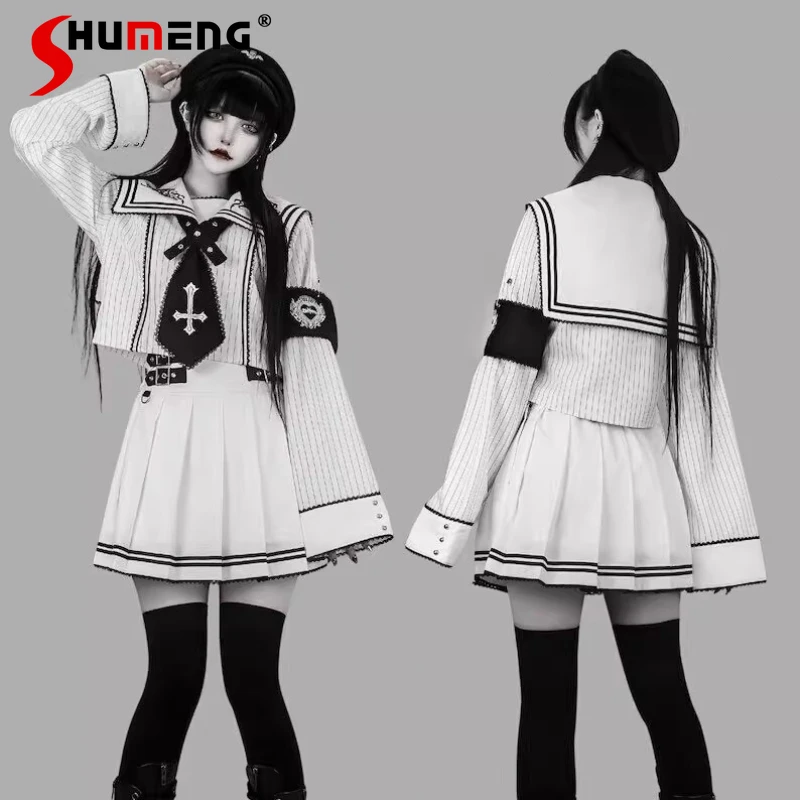 

Harajuku Style Japanese Sailor Suit Embroidered Lapel Cross Tie Sleeve Badge Coat Pleated Skirt Two Pieces Set Y2k Cool Outfits
