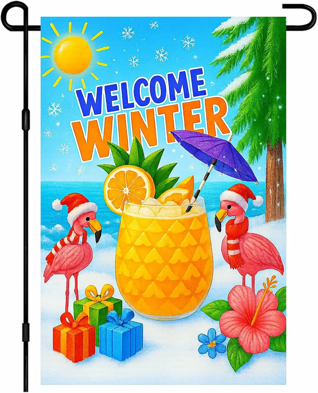 IVN Winter Garden Flag 12x18 Inch Double Sided Christmas Tropical Flamingos and Holiday Drink Outdoor Yard Flag for Outside  EEZ
