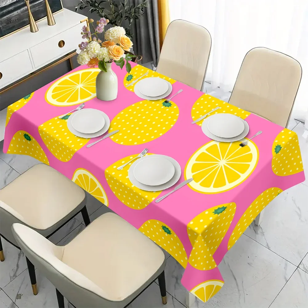 1pc Rectangular Tablecloth Pink Lemon Pineapple Print Table Cover For Dining Kitchen Party Dustproof Oilproof Decorative