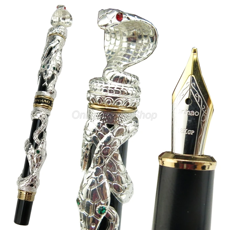 Jinhao Ancient Silver 3D Snake Cobra Texture Relief Sculpture Medium Nib Fountain Pen Gold Trim Professional Office Stationery