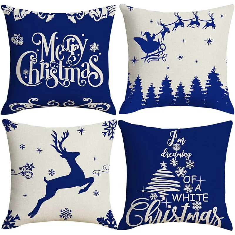 

Blue Merry Christmas Throw Pillow Cover Set of 4, Farmhouse Decorative Outdoor Elk for Sofa