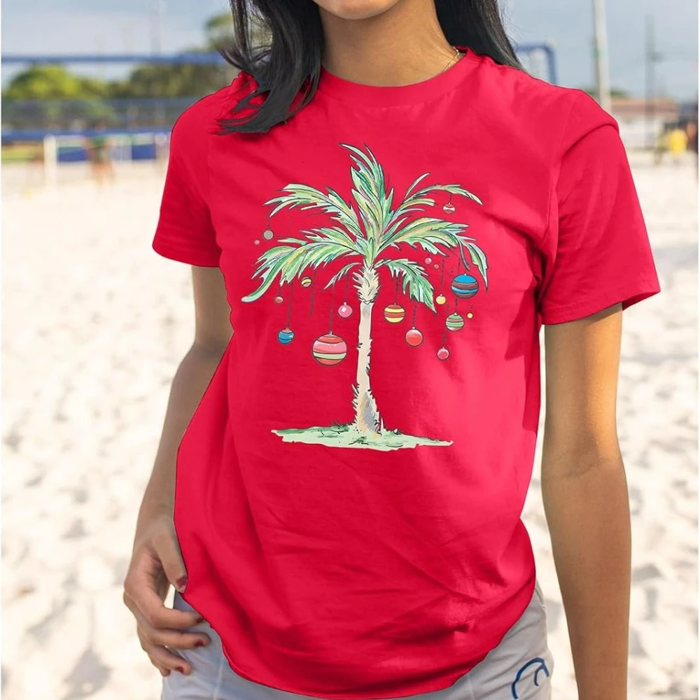 Christmas Shirts Women Palm Tree Women Graphic T-Shirt Summer Beach Party Cotton Shirt Funny Hawaii Vacation Short Sleeve Tops