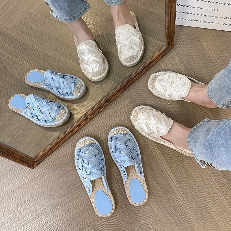 Summer Woven Flat Bottomed Fishing Shoes for Girls Half Dragging One Foot Kicking Lazy Casual Baotou Slippers