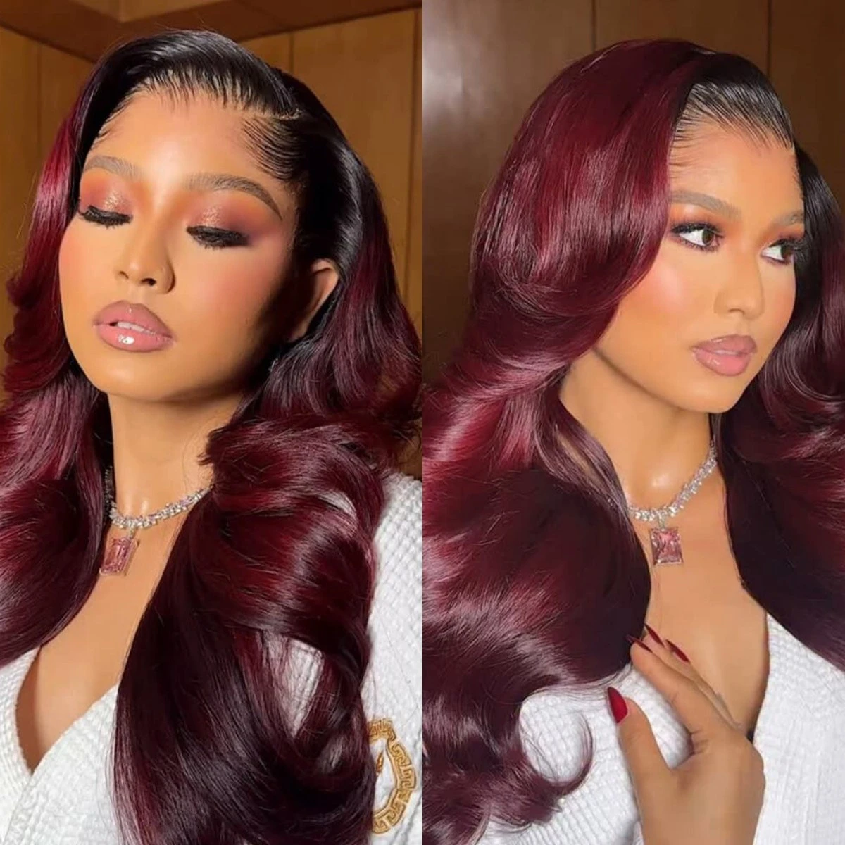 

Синтетический парик Omber Burgundy с эффектом Body Wave, парик с кружевной передней частью 13x4 HD Water Wave, парик K-Pop плотностью 250% для повседневного использования и вечеринок