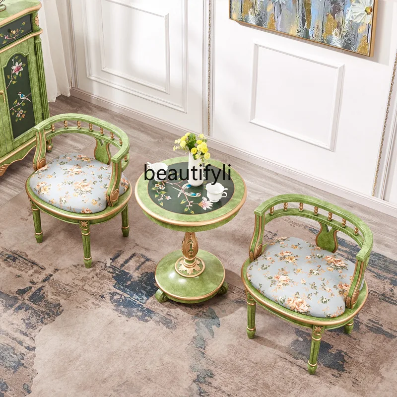 French Style Solid Wood Single Sofa Living Room Armchair One Table Two Chairs Painted Round Table Coffee Table