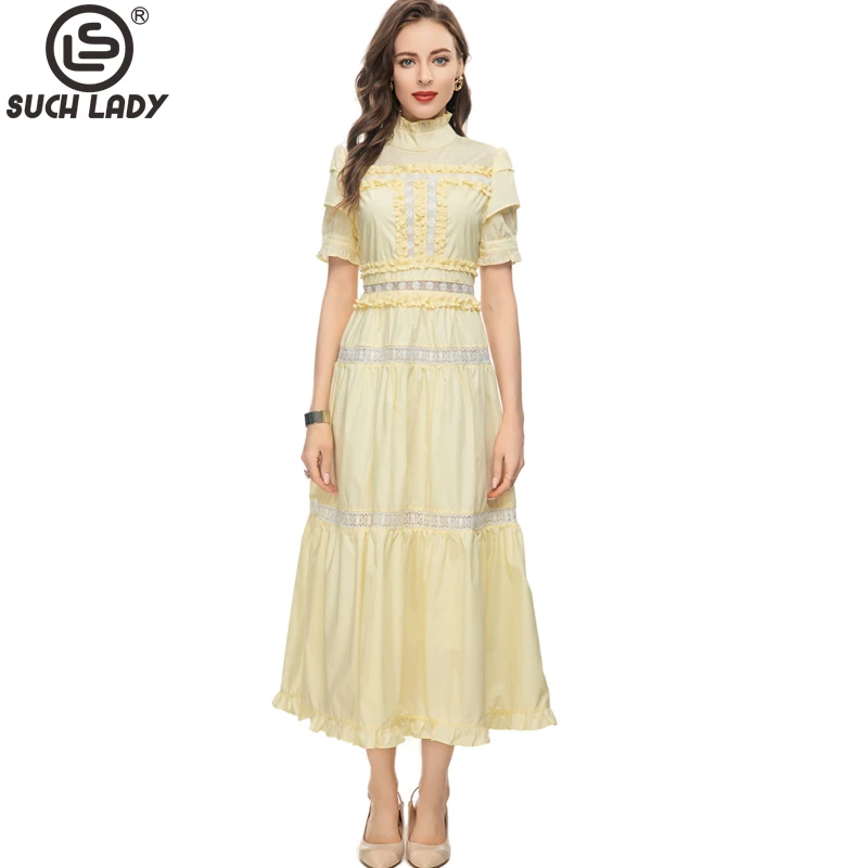 

Women's Runway Dresses Ruffled Collar Short Sleeves Tiered Patchwork Elegant Designer Summer Vestidos