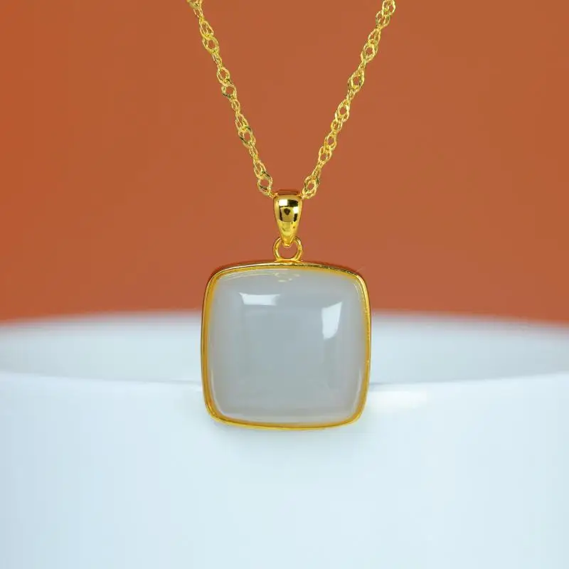 Genuine China Nephrite Stone White Hetian Jade Square Pendant 925 Silver Necklace Women Certified Jewelry Girlfriend Mom Gifts