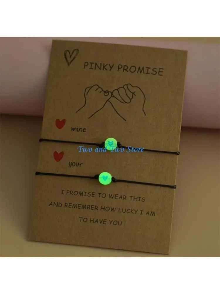 

HX6F 2x Luminous Lucky Heart Bead Matching Bracelets Adjustable Cord for Couples