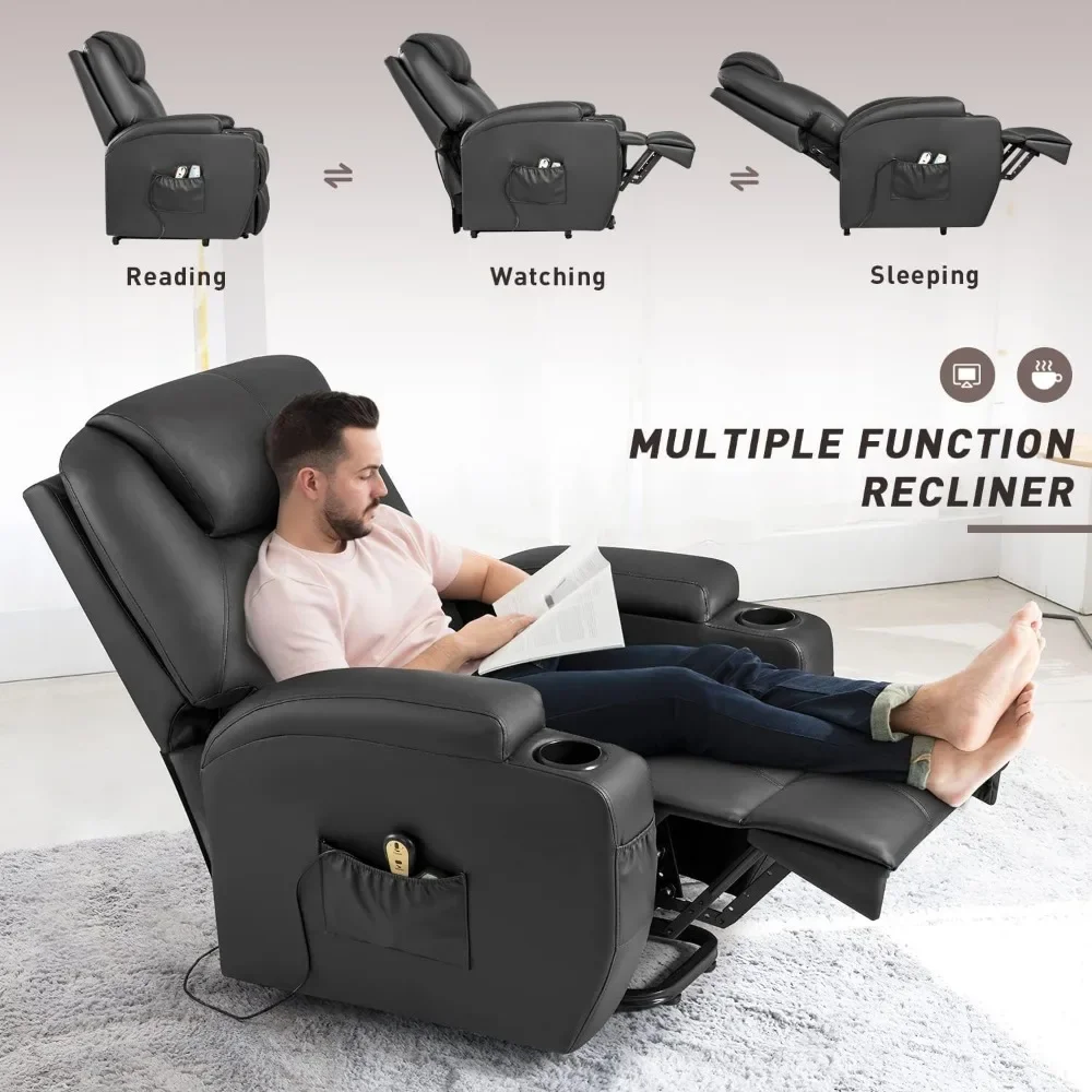 Power Lift Recliner Chair with Massage and Heating Functions, PU Leather Sofa with Remote Control and Two Cup Holders