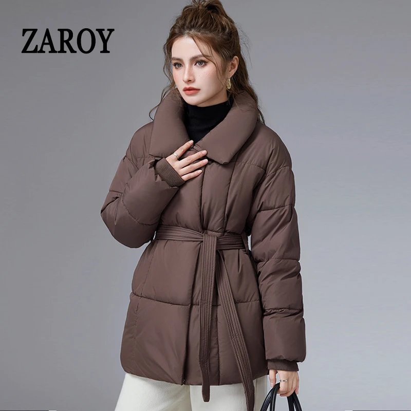 ZAROY Women Winter Belted Jacket Elegant Stand Collar Windproof Puffer Coat Cotton Padded Thick Warm Snow Parkas Overcoat куртка