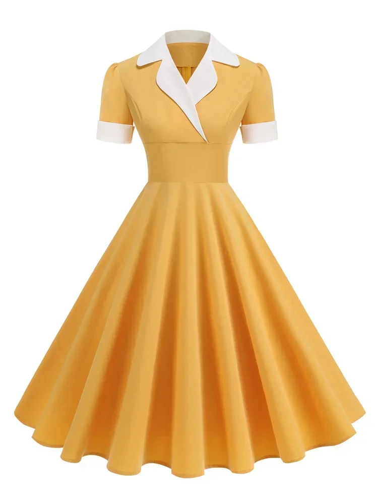 2025 New Hepburn Vintage Contrast Notched Collar High Waist Women Tea Dresses Retro Elegant Women's 1950s 60s Midi Swing Dress