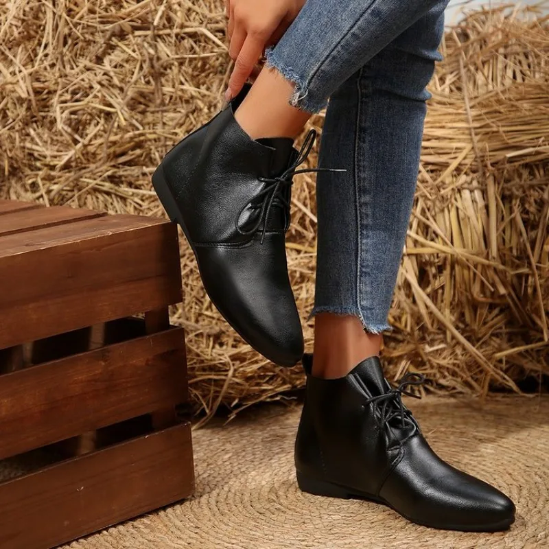 British Style Lace Up Boots for Women flat shoes 2024 Winter New Women\'s  Soft Casual Leather Shoes Simple and Versatile Ladies