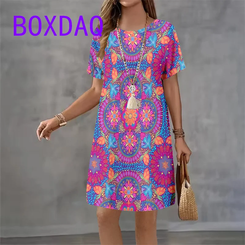 Colorful Tie dye Flowers Pattern Print Women Dresses Casual Summer Short Sleeve O-Neck Loose A-Line Dresses Street Boho Sundress