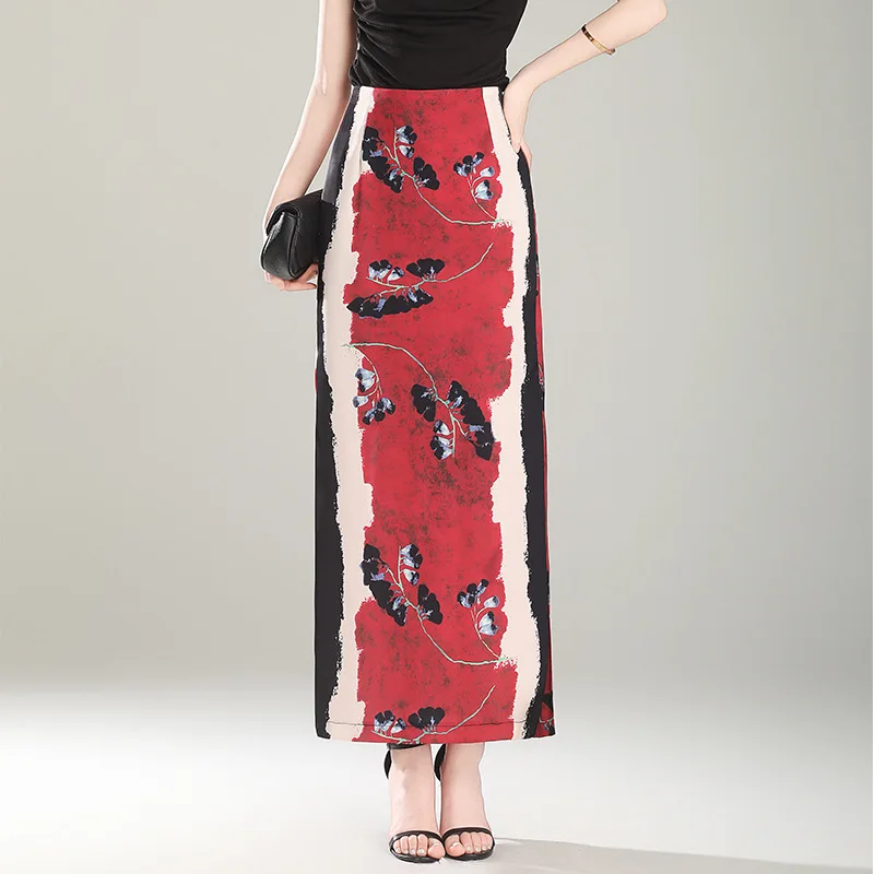 

ZUZK Print National Style Straight Cut Long Skirt Women Summer New Elegant Long Skirts High Waist Slim Fit Bodycon Skirt