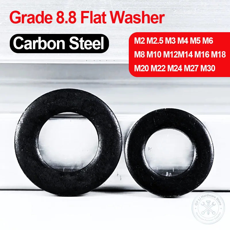Grade 8.8 Black Oxide Flat Washer Carbon Steel Large Thickened Metal Round Shim Washer M2 M2.5 M3 M4 M5 M6 M8 M10 M12 M14-M30