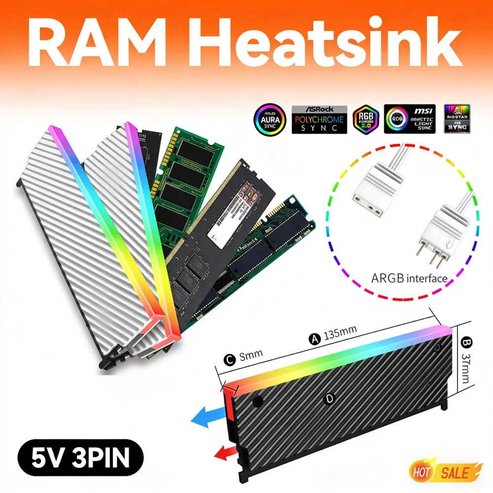 5V 3PIN ARGB DDR Memory RAM Cooler with Thermal Silicone Pad PC Memory Cooling Vest for DDR2 DDR3 DDR4 DDR5 Desktop Computer