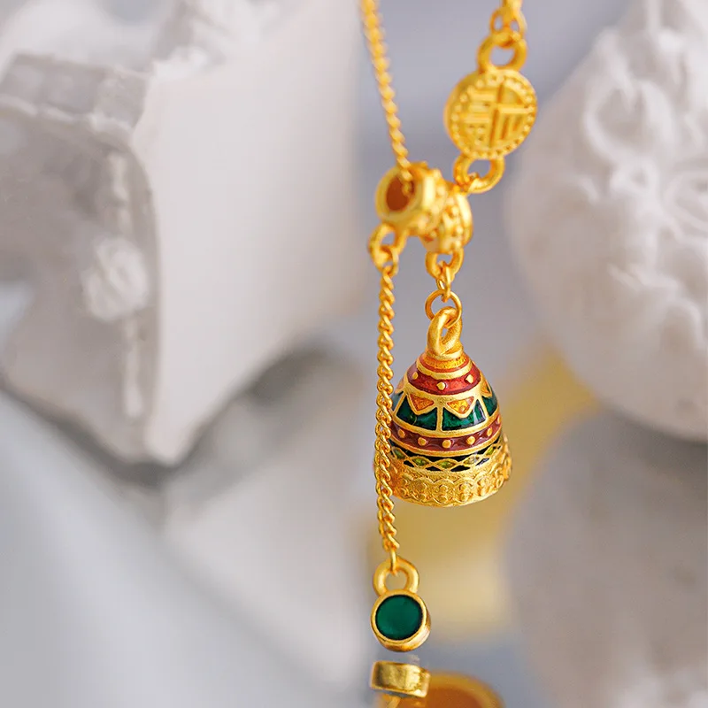 9999 Real Gold 24K Ancient Tibetan Yuanfu Wishing Set Chain New Chinese Design Enamel Craft Women's Necklace