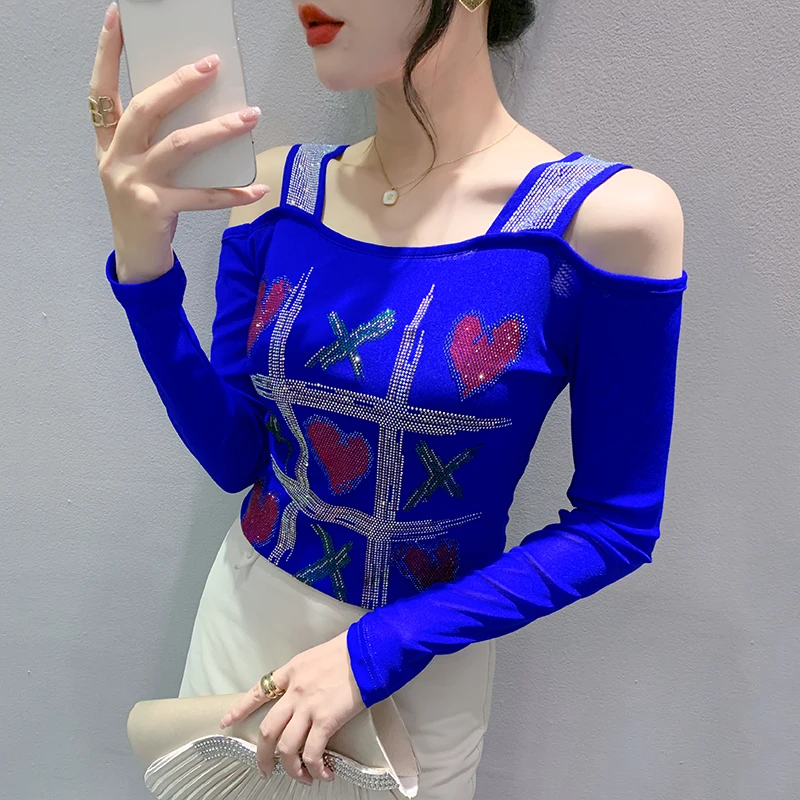 Early Autumn Mesh Tee TShirt Girls Hollow Out Shoulders Diamonds Straps Full Sleeve Mesh T-shirts