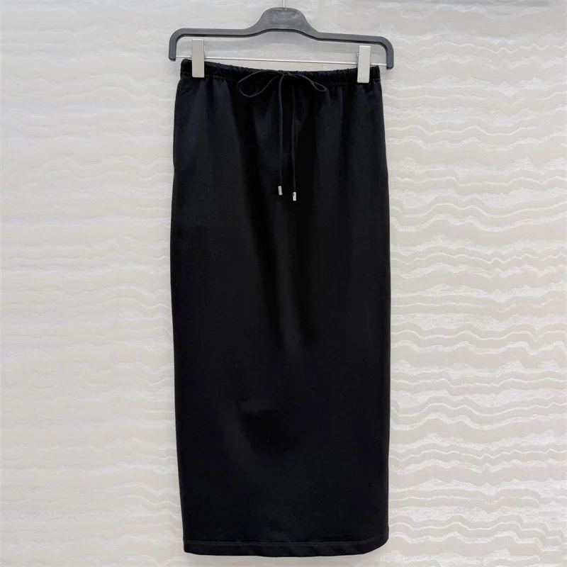 women's skirt 2026 Summer New Elastic Waist Drawstring Straight Tube Skirt Rear slit long skirt Cotton blend women's half skirt