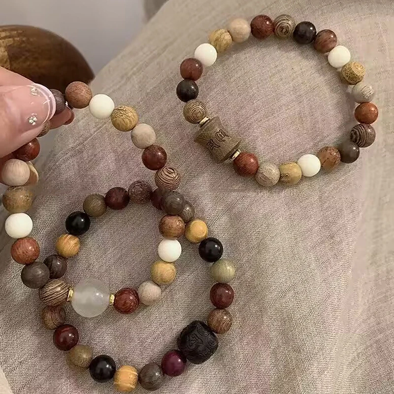 Bestseller Natürliches Sandelholz Multi-Treasure Perlenarmband Ethnischer Stil Armband mit Sprichworten Antiker Stil Zen Rosenkranz Geschenk