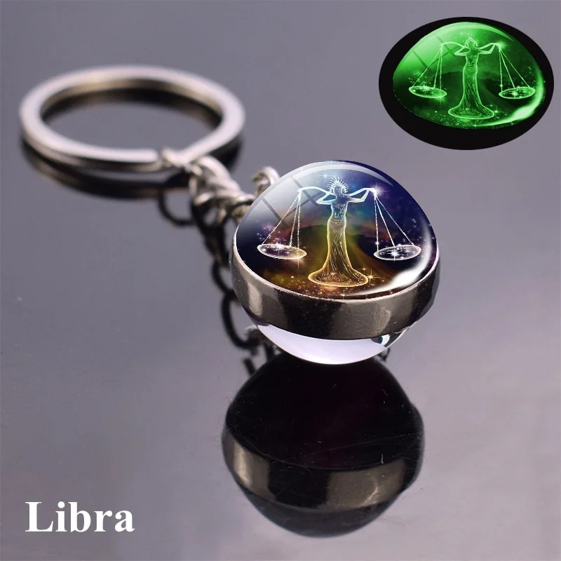 12 Constellation Luminous Keychain Double Sided Glass Ball Pendant Zodiac Key chain Glow In The Dark Key Holder Birthday Gift