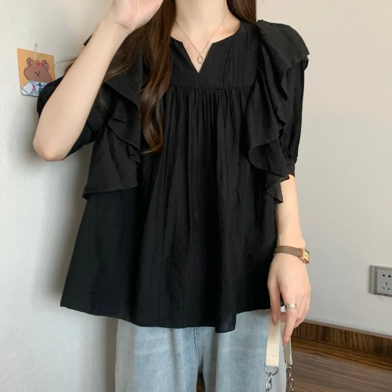 DAYIFUN Large Size Loose Shirts Women Spring/Summer V-neck Short Sleeve Blouses 2024 Summer New Fashion Blusas Solid Color Tops