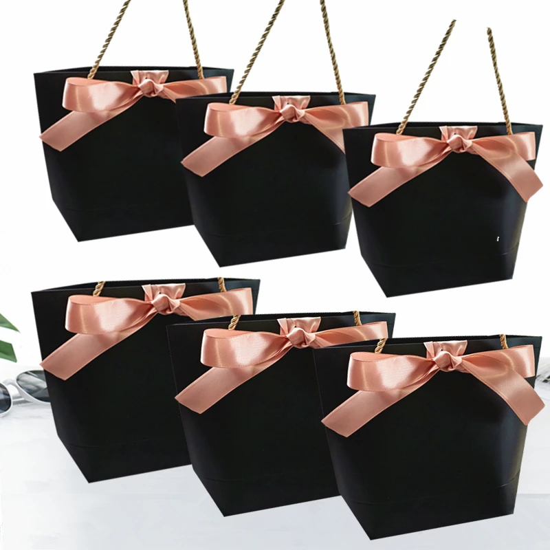 Paper Gift Bags Packaging Ribbon Bow Black Pardboard Paper Tote Gift Box With Handles Shopping Party Wedding Birthday Retail Bag