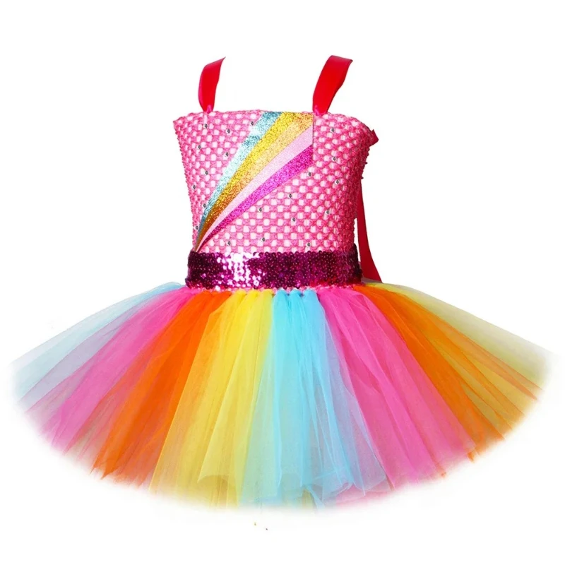 Rainbow Series Girls Outfit, Bow Decorated Sheer Tulle Puffy Tutu Dress, Kids Party Formal Gown, Princess Style Dress for Girls