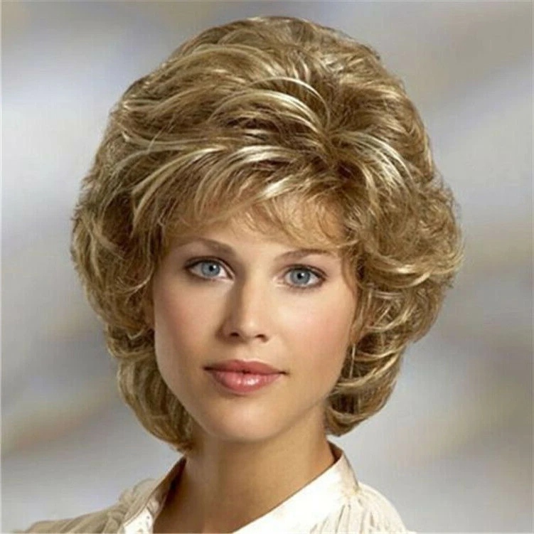 Women Wig Short Full Wavy Wig Fashion Golden Blonde Kinky Curly Hair Wigs