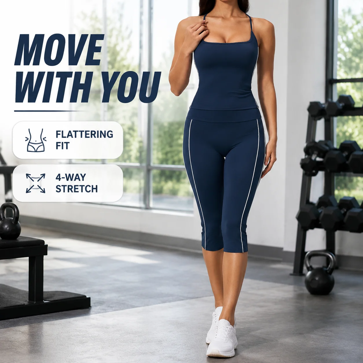 Women Two Piece Yoga Set Camisole Tank Top Capri Leggings High Waist Contrast Piping Workout Gym Athletic Outfit
