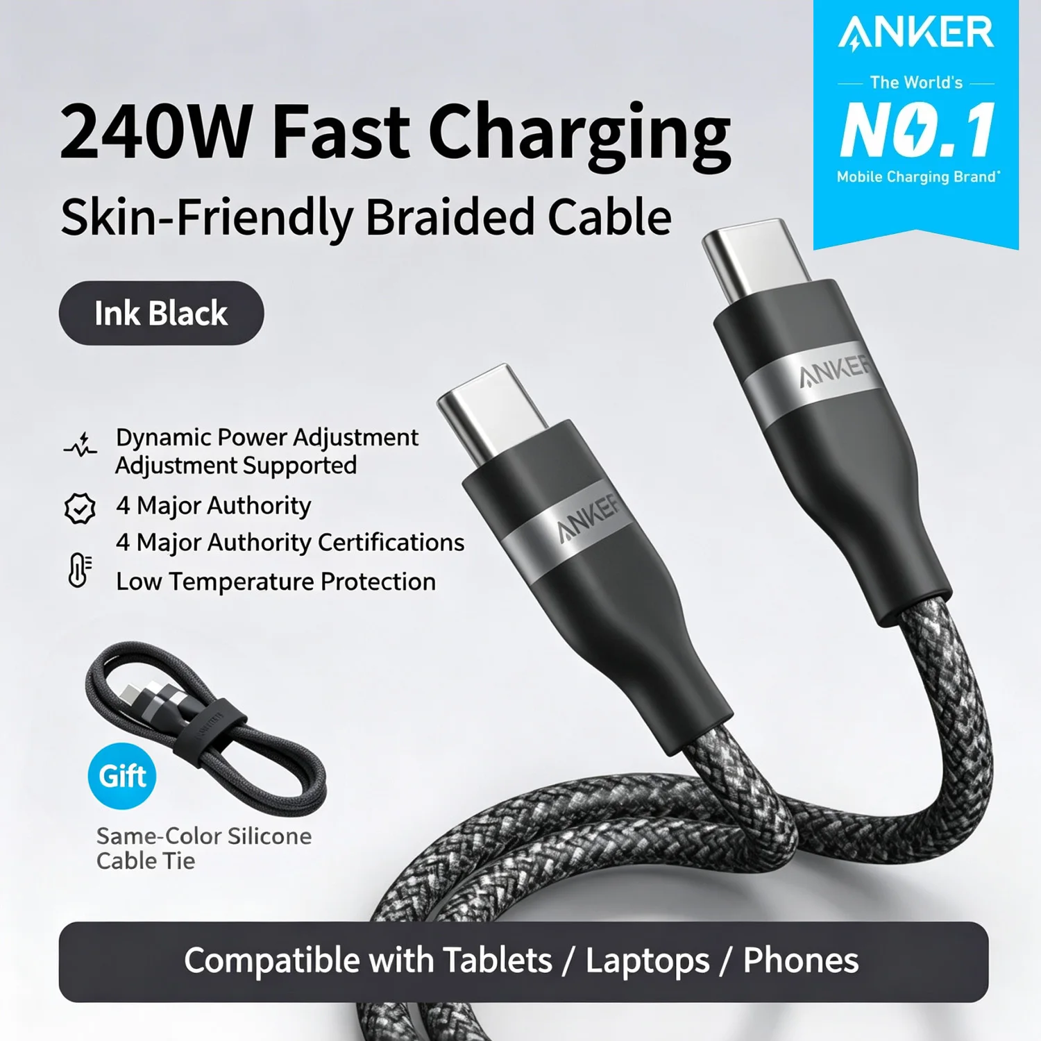 Anker 240W USB‑C to USB‑C Braided PD Fast Charging Cable Ultra‑Soft Charging Cord for MacBook Laptop iPhone 15 16 Samsung