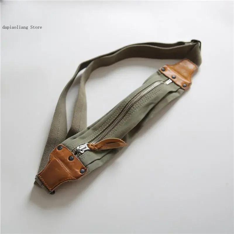 American Retro Style Vintage Canvas with First Layer Cowhide Casual Sports Carry On Crossbody Chest Bag Mobile Phone Bag