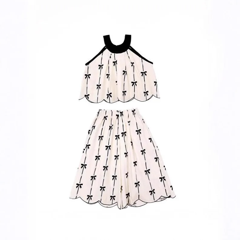 2026 Summer Girls 2 Piece Set, Bow Print Spaghetti Strap Tank Top & Wide Leg Pants Outfit for  90-140cm