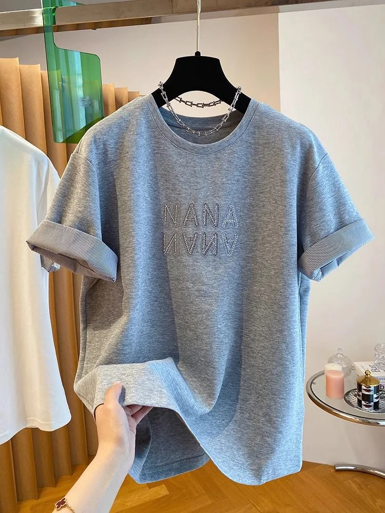 

ey ort Sve Loose Cotton T-irt Women's Casual Boting irt Korean Sle Commute Faion plus Size Spring Summer