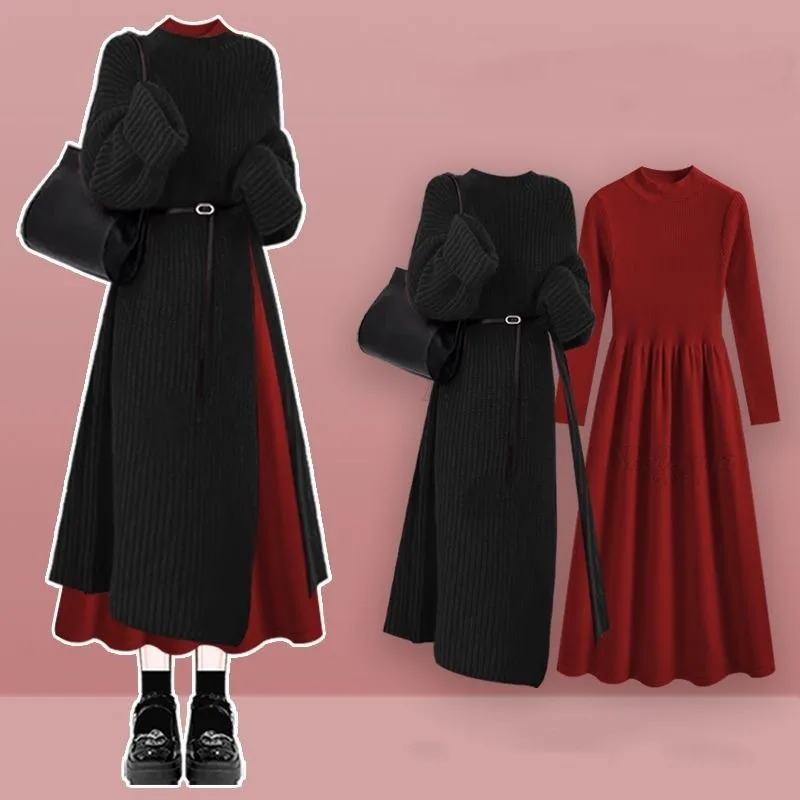 

2025 Spring Fall Long Split O-Neck Sweater Dress Two Piece Set Women England Style Vintage Black Knit Pullover Dresses Outfits