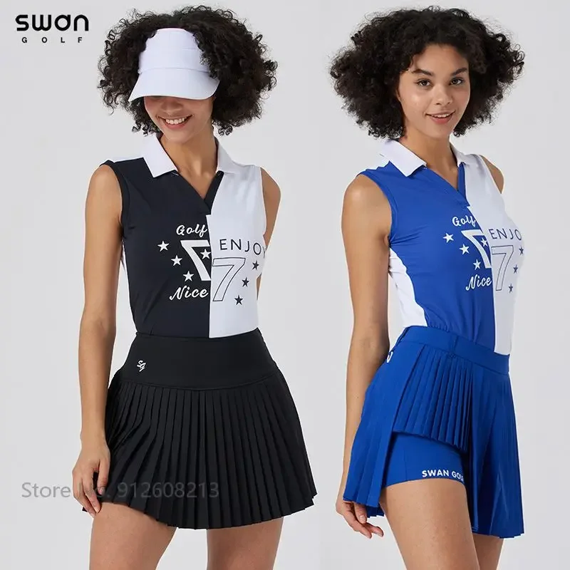 

SG Summer Women Sleeveless T-Shirt Korean Slim Golf Tank Tops Ladies Golf Pleated Skirt Sets Irregular Skorts with Inner Shorts