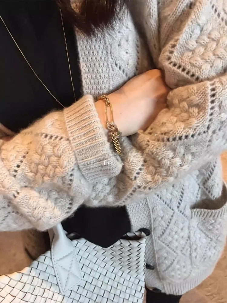 

ROUJE KEFSS Премиум Вязаный Открытый Кардиган Женский Свободный Длинный Свитер Миди с Длинными Рукавами Весна-Осень