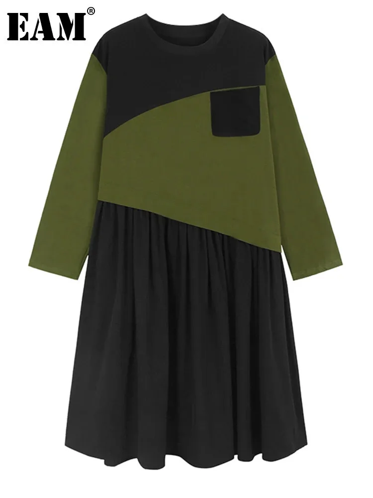 [EAM] Women Black Green Color-block Pleated Big Size Dress New Round Neck Long Sleeve Fashion Tide Spring Autumn 2024 1DH6912