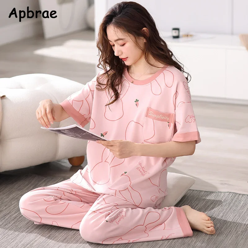 Summer Cartoon Women Cotton Pajamas for Women Short Sleeved Long Pants Nightwear Korean Fashion Bear Print Casual Homewear