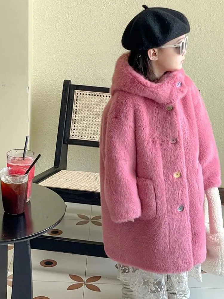 2024 Winter New Children's Faux Fur Jacket Imitation Mink Fur Coat Thicker Warm Hooded Overcoat Coat A4229