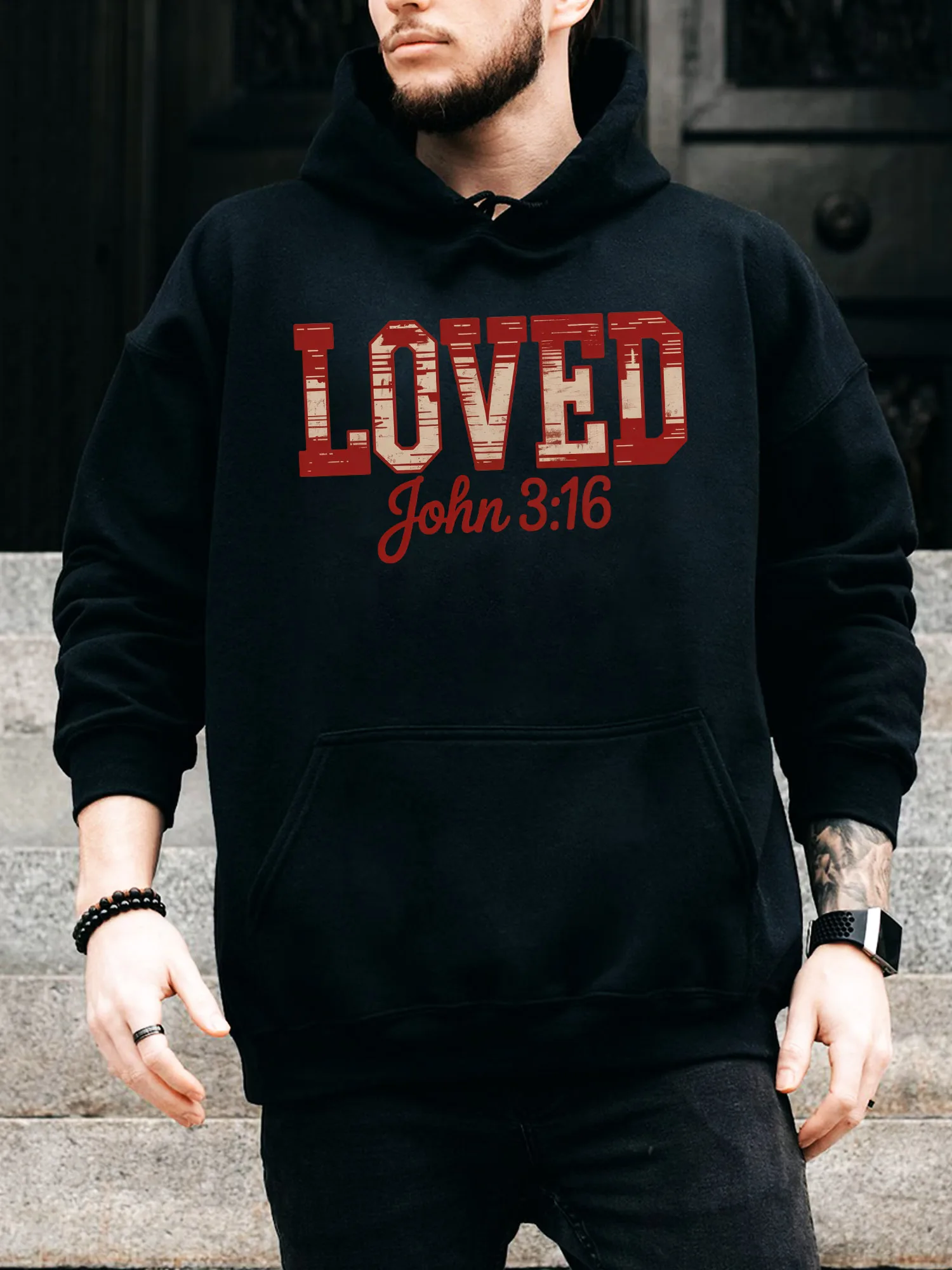

Loved John Bible Men's Drawstring Hoodie - Casual Comfortable Black Pullover, Fall & Winter Hooded Sweatshirt
